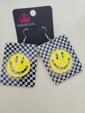 Paparazzi Black-and-White Checkerboard Earrings with Yellow Smiley Faces